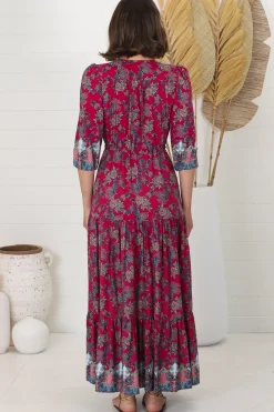 Tessa Maxi Dress - A Line Pull Tie Waist Dress in Strawberry Kiss Print><noscript><img width=