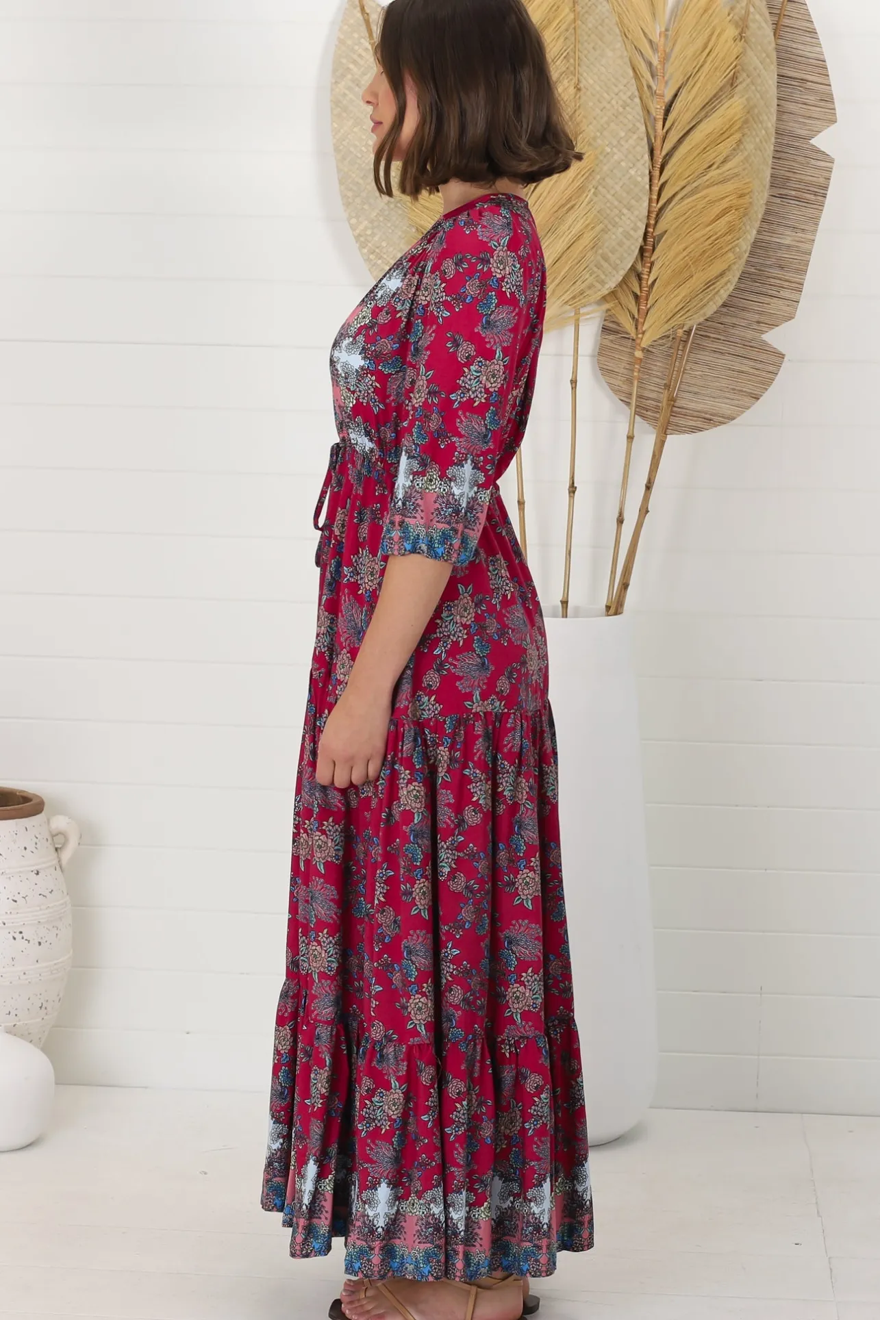 Tessa Maxi Dress - A Line Pull Tie Waist Dress in Strawberry Kiss Print>Jaase Best