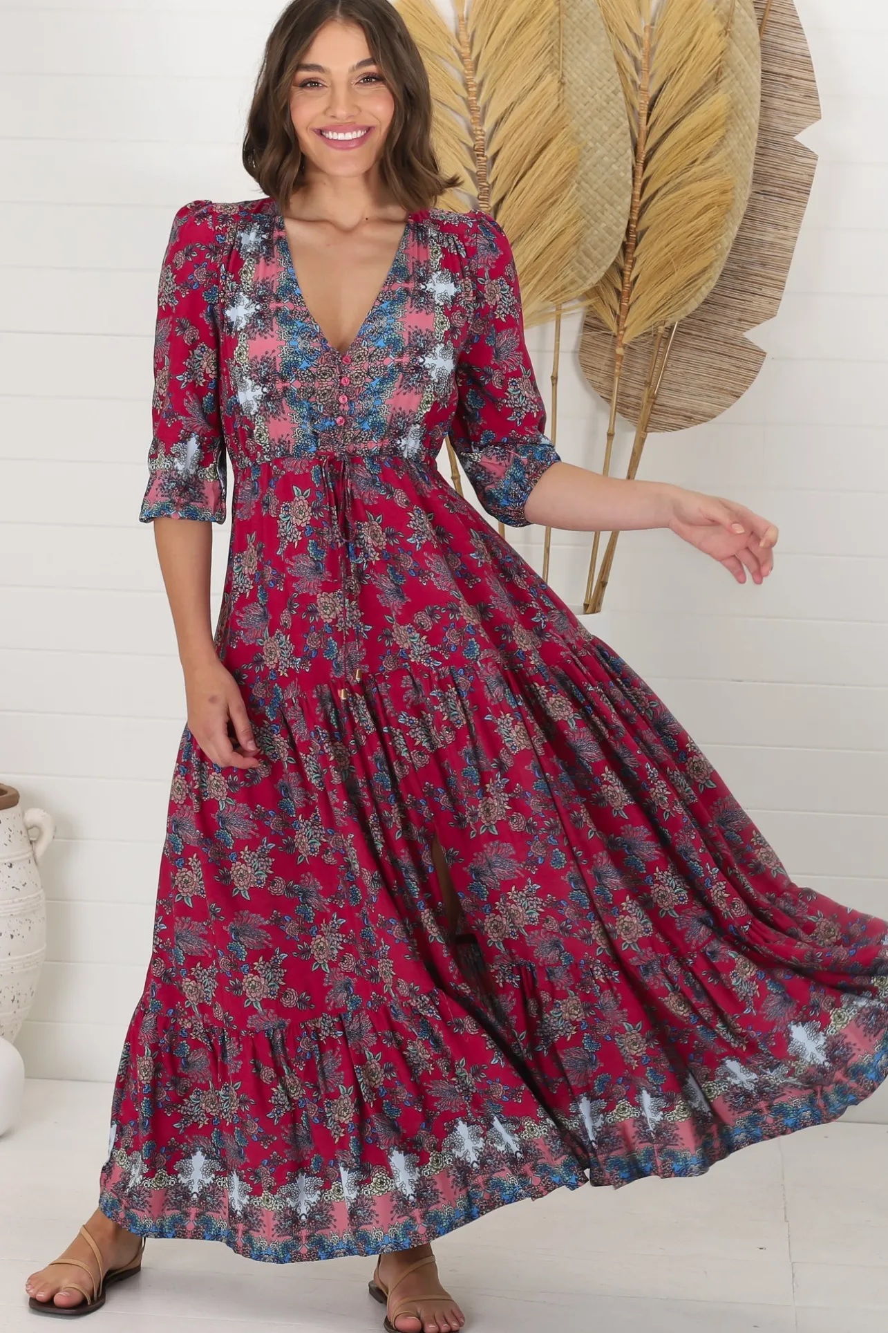Tessa Maxi Dress - A Line Pull Tie Waist Dress in Strawberry Kiss Print>Jaase Best