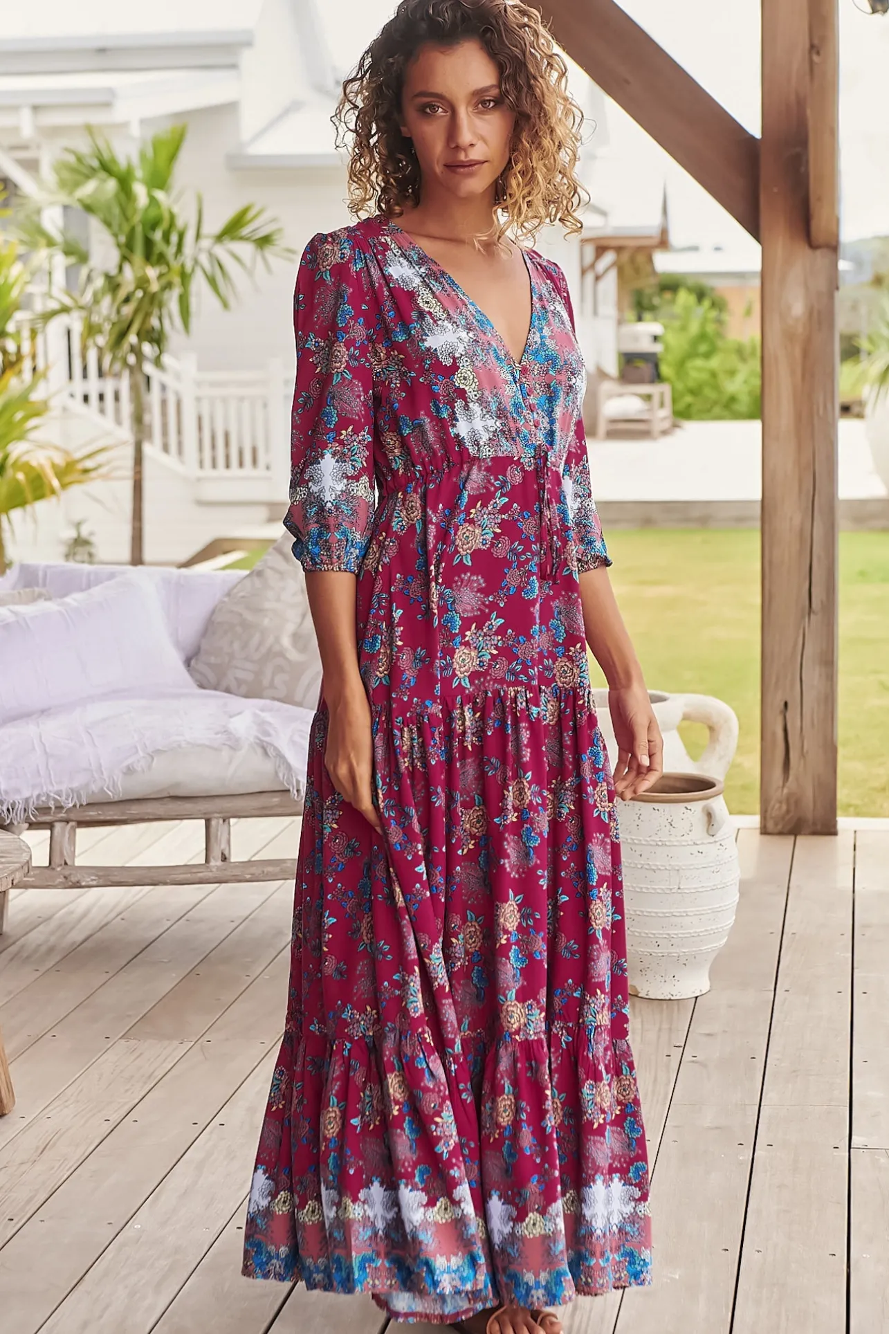 Tessa Maxi Dress - A Line Pull Tie Waist Dress in Strawberry Kiss Print>Jaase Best