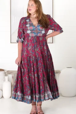 Tessa Maxi Dress - A Line Pull Tie Waist Dress in Strawberry Kiss Print><noscript><img width=