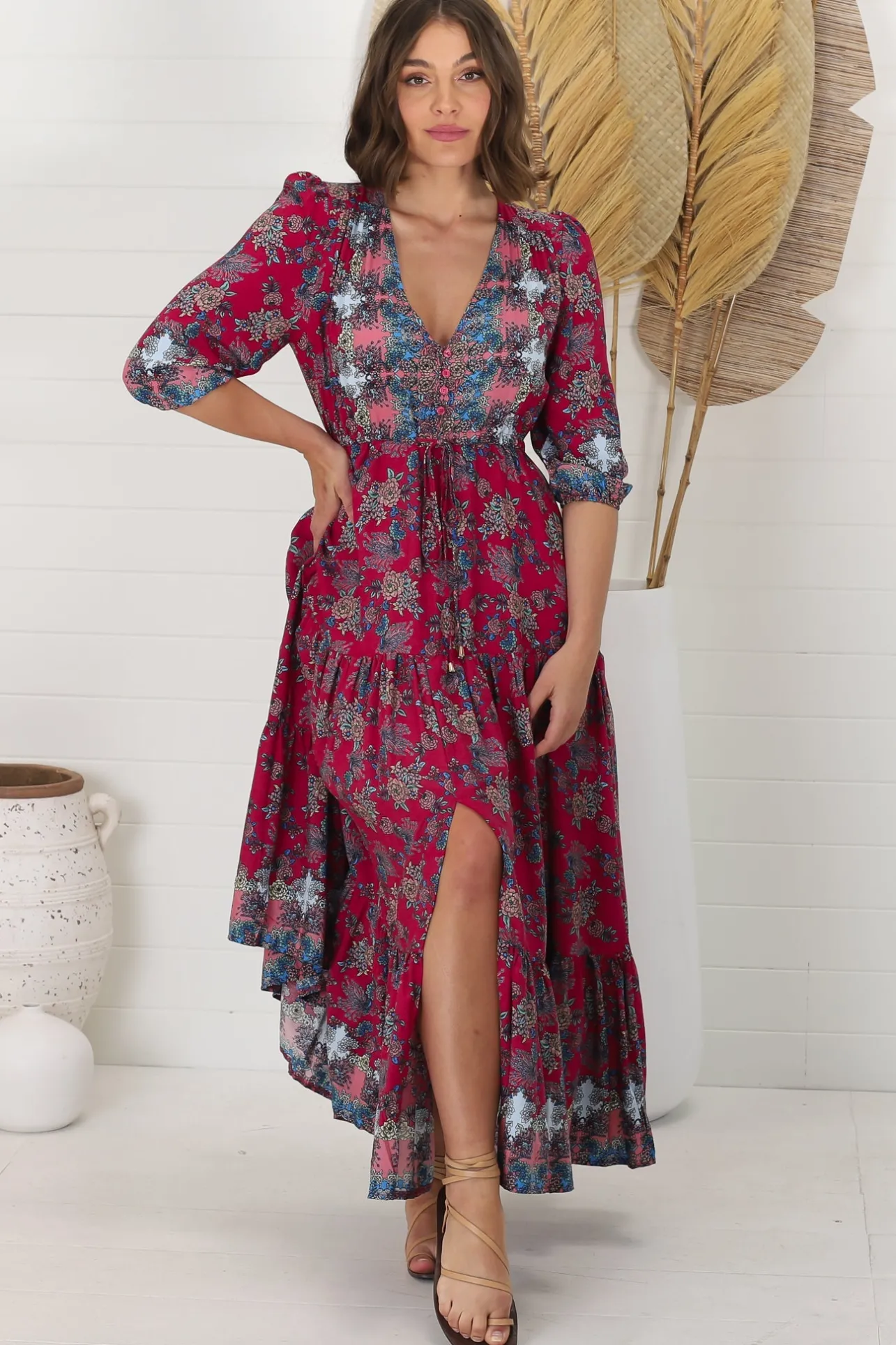Tessa Maxi Dress - A Line Pull Tie Waist Dress in Strawberry Kiss Print>Jaase Best