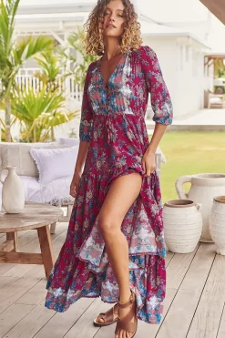 Tessa Maxi Dress - A Line Pull Tie Waist Dress in Strawberry Kiss Print><noscript><img width=
