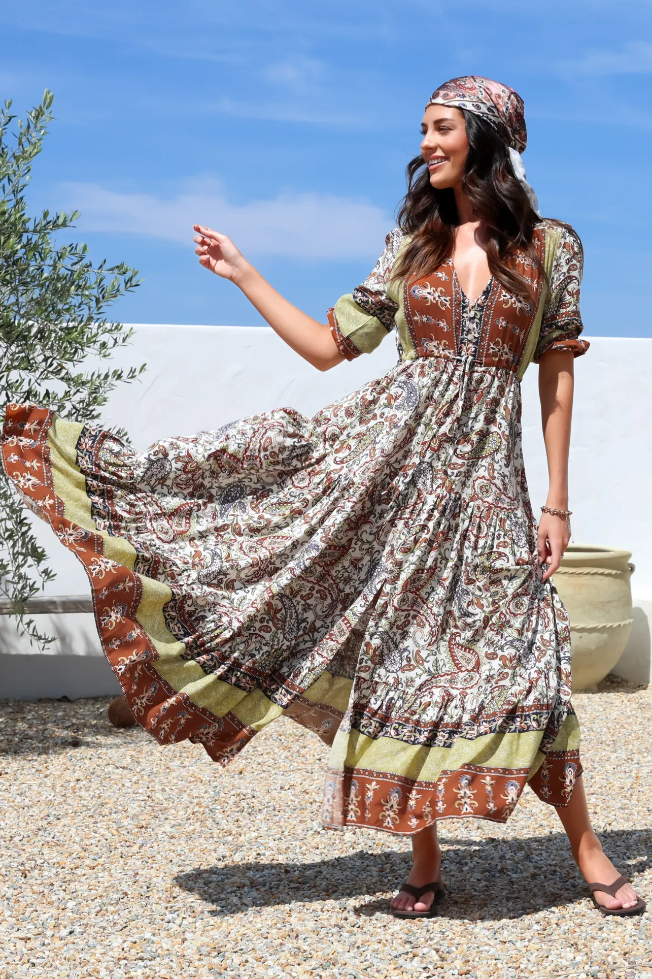 Tessa Maxi Dress - A Line Pull Tie Waist Dress in Oakie Print>Jaase Discount