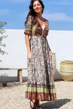 Tessa Maxi Dress - A Line Pull Tie Waist Dress in Oakie Print><noscript><img width=