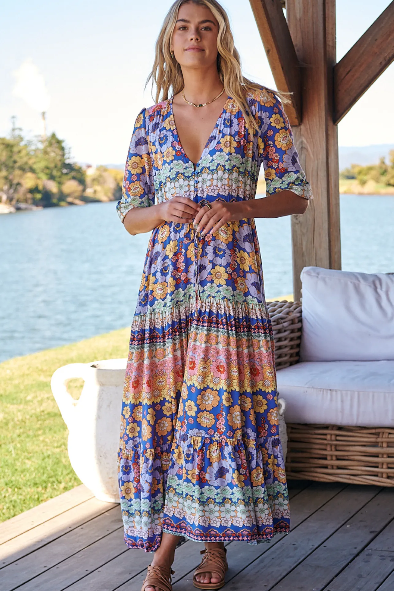 Tessa Maxi Dress - A Line Pull Tie Waist Dress in Eden Print>Jaase Online
