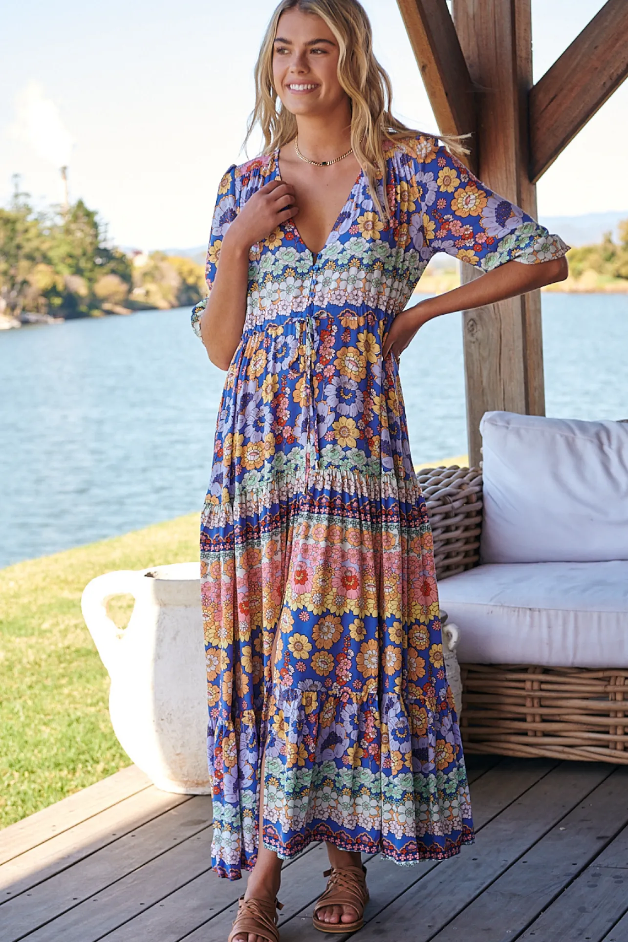 Tessa Maxi Dress - A Line Pull Tie Waist Dress in Eden Print>Jaase Online