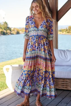 Tessa Maxi Dress - A Line Pull Tie Waist Dress in Eden Print><noscript><img width=