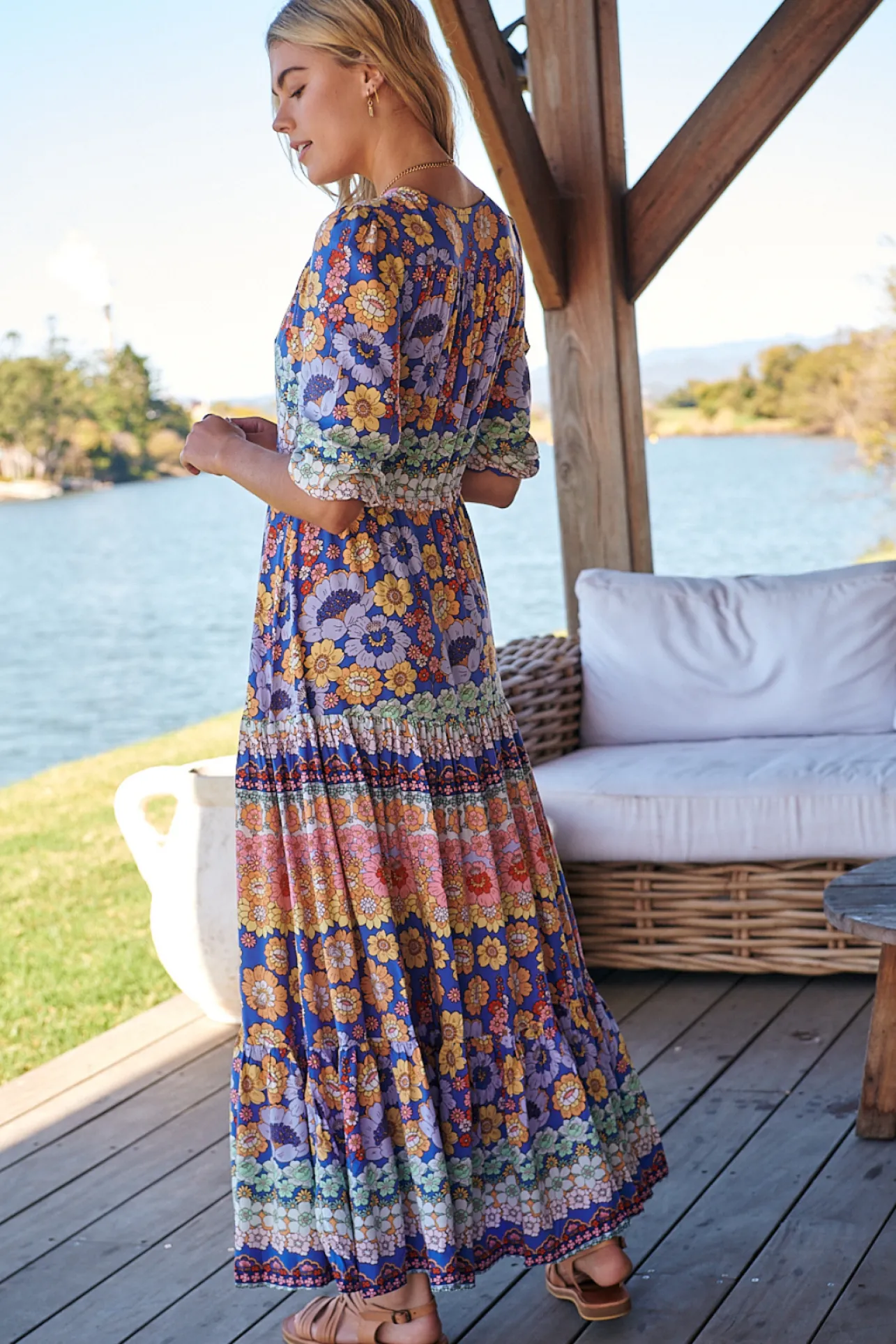 Tessa Maxi Dress - A Line Pull Tie Waist Dress in Eden Print>Jaase Online