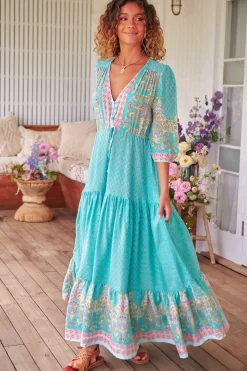 Tessa Maxi Dress - A Line Pull Tie Waist Dress in Atlantis Print><noscript><img width=