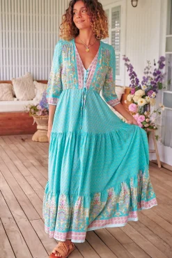 Tessa Maxi Dress - A Line Pull Tie Waist Dress in Atlantis Print><noscript><img width=