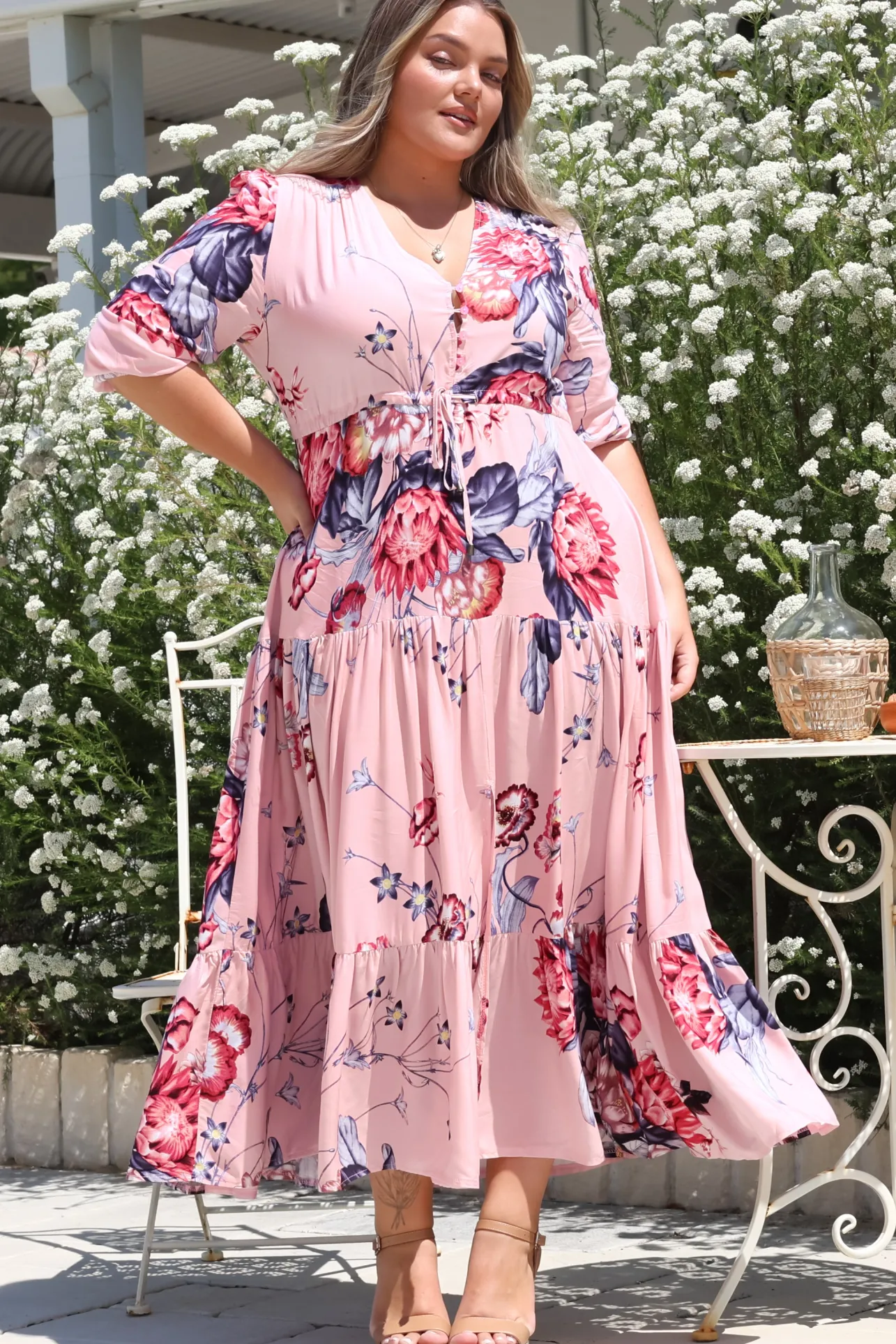 Tessa Maxi Dress - A Line Pull Tie Waist Dress in Dahlia Print>Salty Crush New