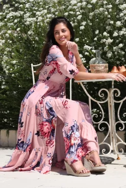 Tessa Maxi Dress - A Line Pull Tie Waist Dress in Dahlia Print><noscript><img width=