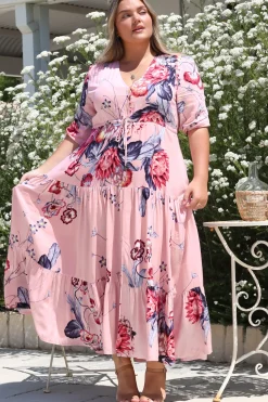 Tessa Maxi Dress - A Line Pull Tie Waist Dress in Dahlia Print><noscript><img width=