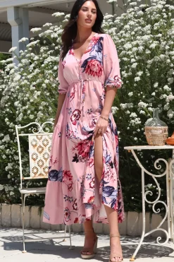Tessa Maxi Dress - A Line Pull Tie Waist Dress in Dahlia Print><noscript><img width=