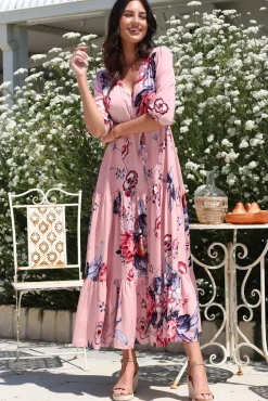 Tessa Maxi Dress - A Line Pull Tie Waist Dress in Dahlia Print><noscript><img width=
