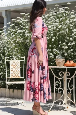 Tessa Maxi Dress - A Line Pull Tie Waist Dress in Dahlia Print><noscript><img width=