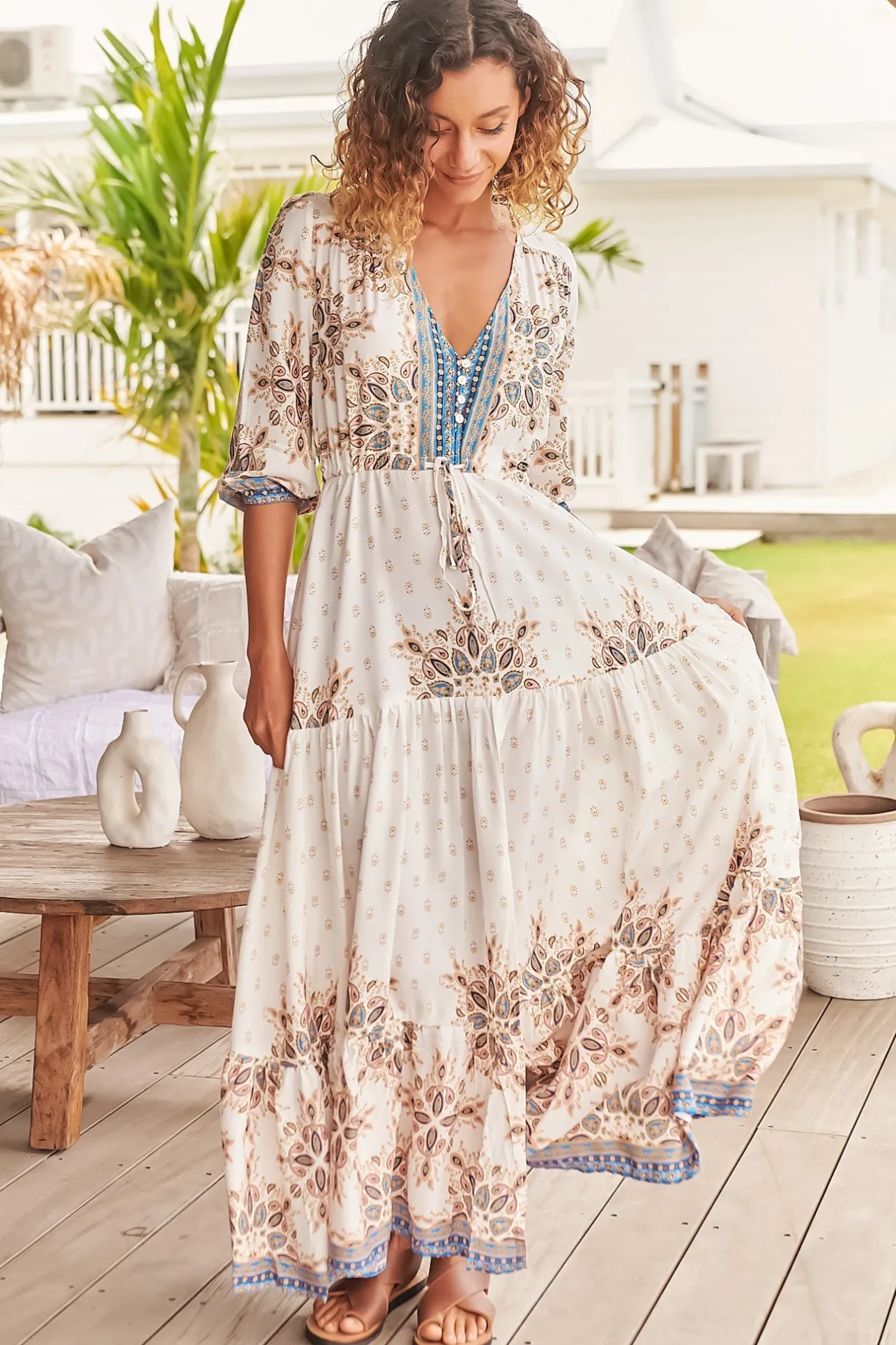 Tessa Maxi Dress - A Line Pull Tie Waist Dress in Gemstone Print>Jaase Sale