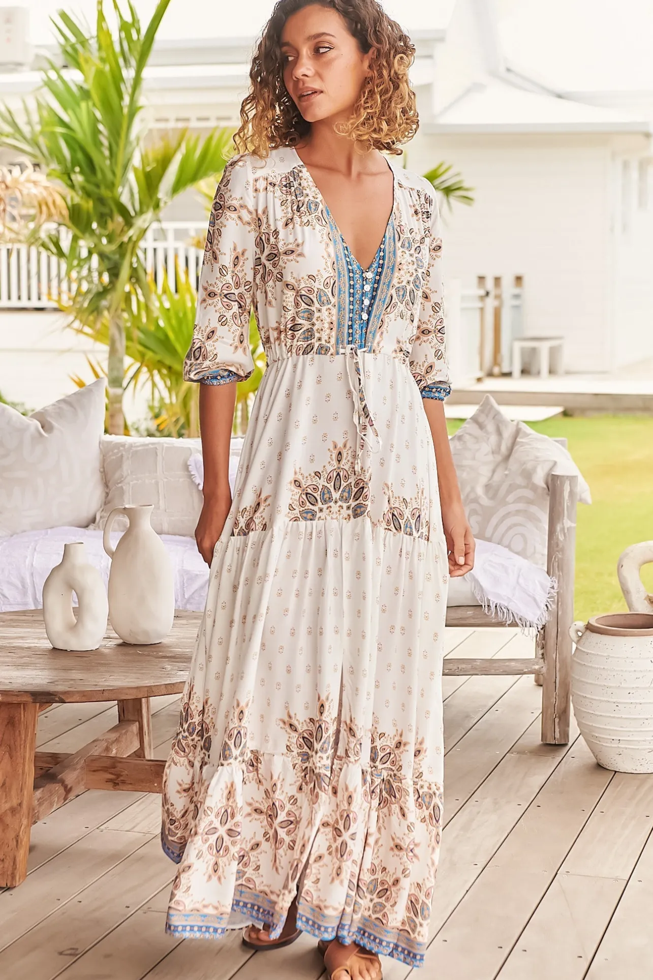 Tessa Maxi Dress - A Line Pull Tie Waist Dress in Gemstone Print>Jaase Sale