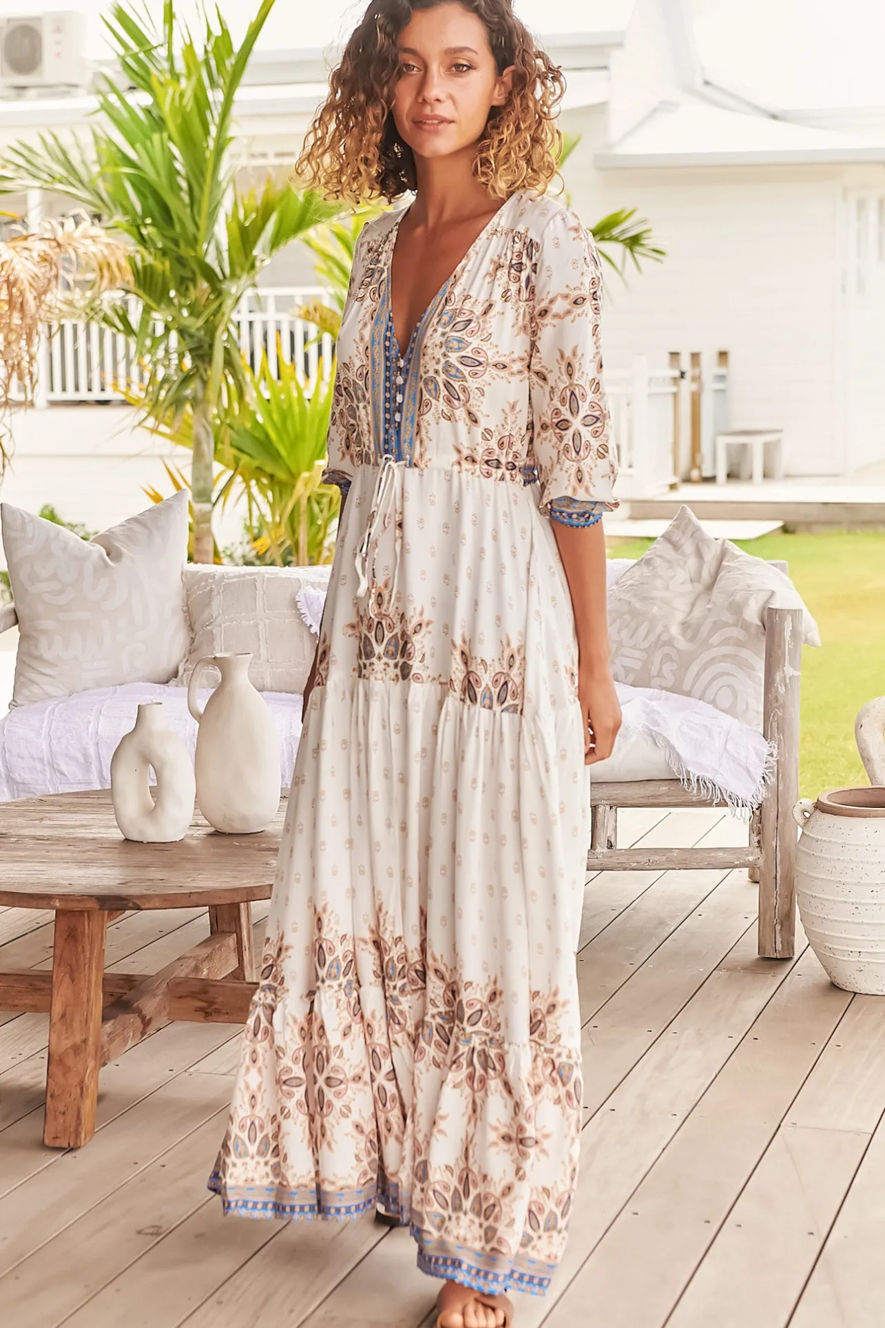 Tessa Maxi Dress - A Line Pull Tie Waist Dress in Gemstone Print>Jaase Sale