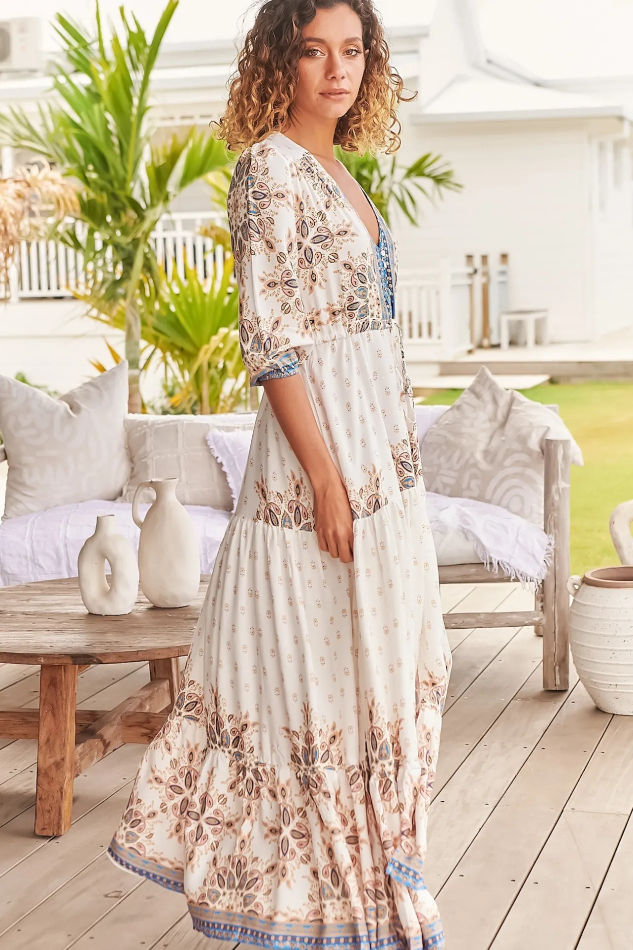 Tessa Maxi Dress - A Line Pull Tie Waist Dress in Gemstone Print>Jaase Sale