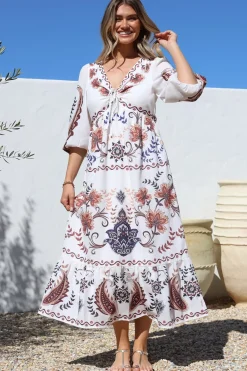 Thanya Midi Dress - V-Neck with Tie Balloon Sleeve Tiered Dress in Magah Print>Salty Crush Best