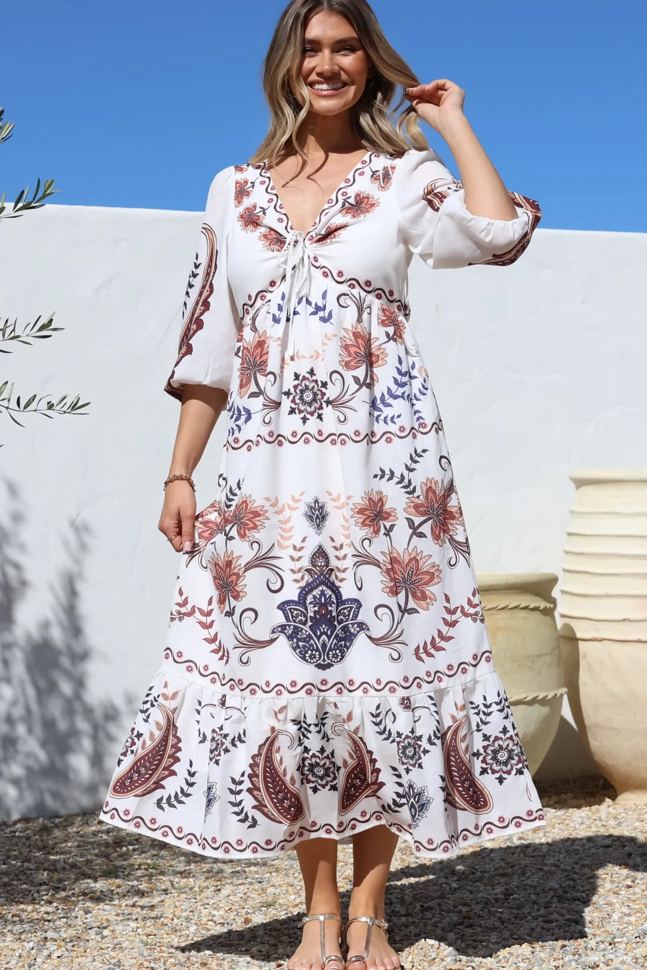 Thanya Midi Dress - V-Neck with Tie Balloon Sleeve Tiered Dress in Magah Print>Salty Crush Best