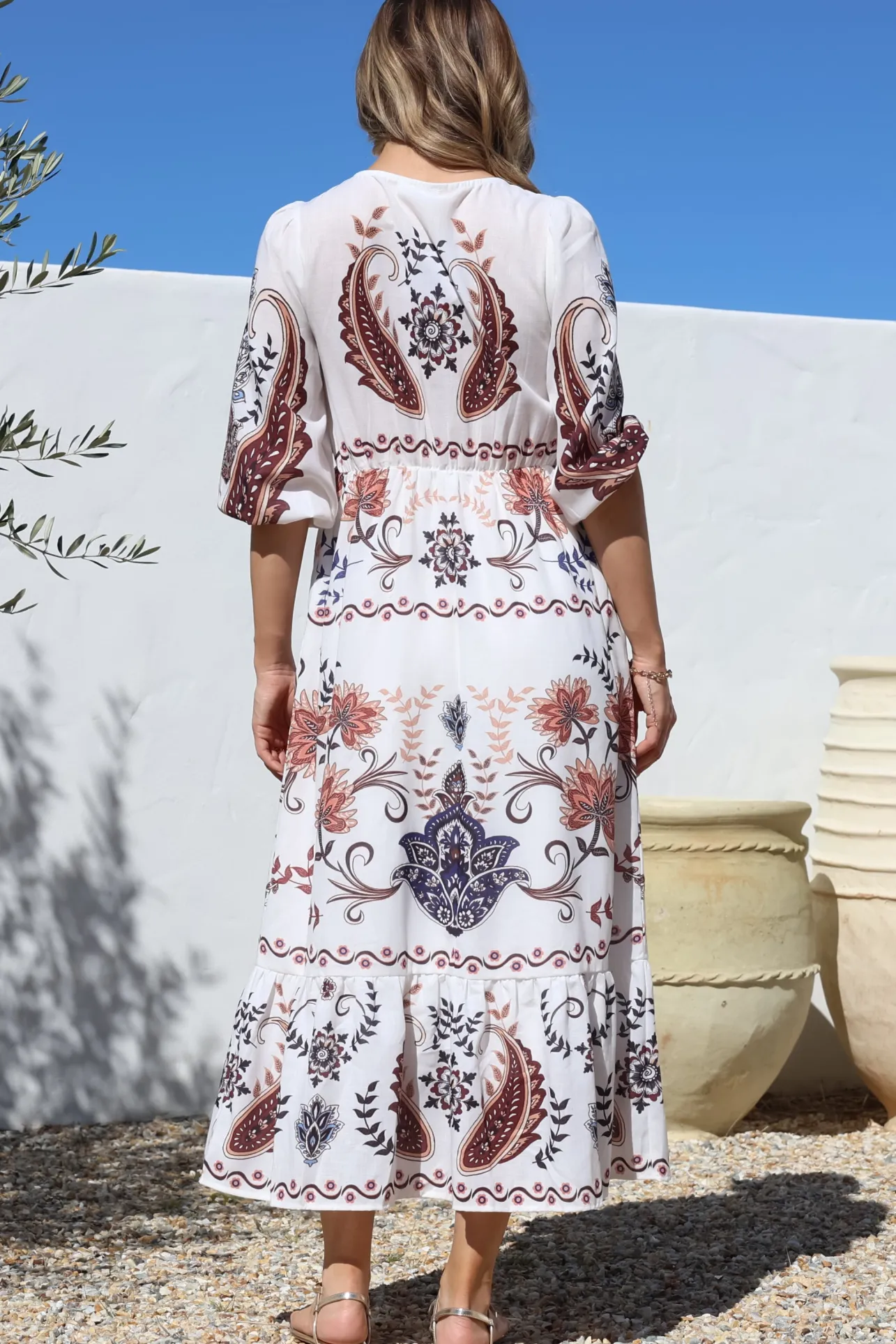 Thanya Midi Dress - V-Neck with Tie Balloon Sleeve Tiered Dress in Magah Print>Salty Crush Best