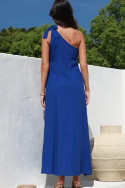 Tia Maxi Dress - One Shoulder with Tie Sun Dress in Electric Blue><noscript><img width=