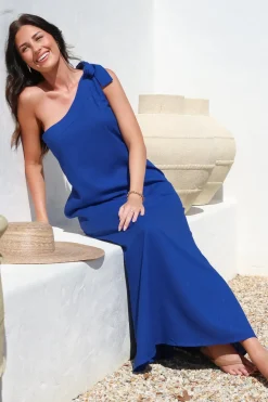 Tia Maxi Dress - One Shoulder with Tie Sun Dress in Electric Blue><noscript><img width=