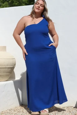 Tia Maxi Dress - One Shoulder with Tie Sun Dress in Electric Blue><noscript><img width=