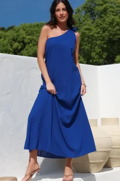 Tia Maxi Dress - One Shoulder with Tie Sun Dress in Electric Blue><noscript><img width=