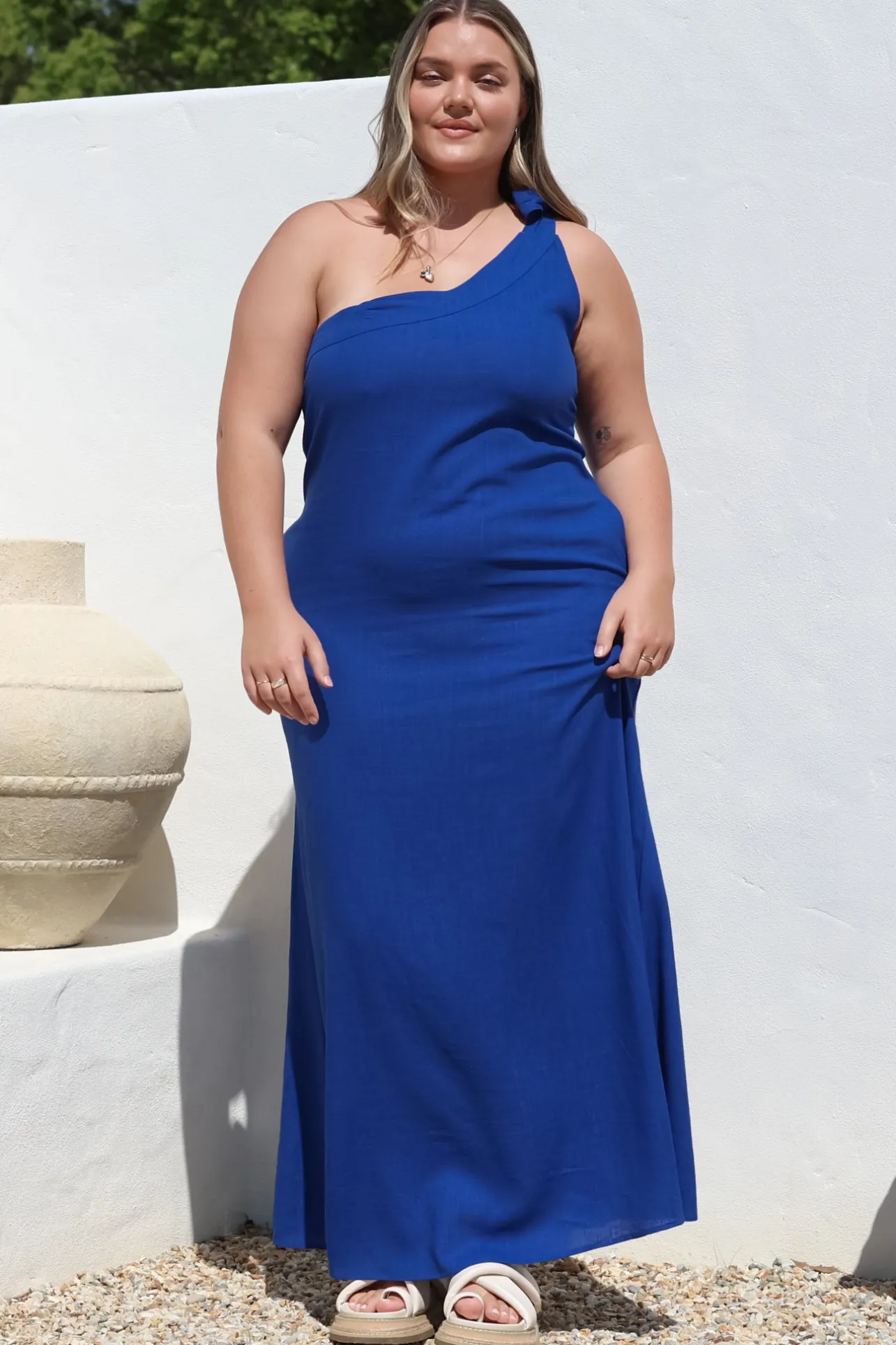 Tia Maxi Dress - One Shoulder with Tie Sun Dress in Electric Blue>Salty Crush Outlet