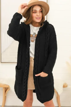 Toolara Cardigan - Thick Cable Knit Hooded Cardigan with Pocket in Black>Salty Crush Hot
