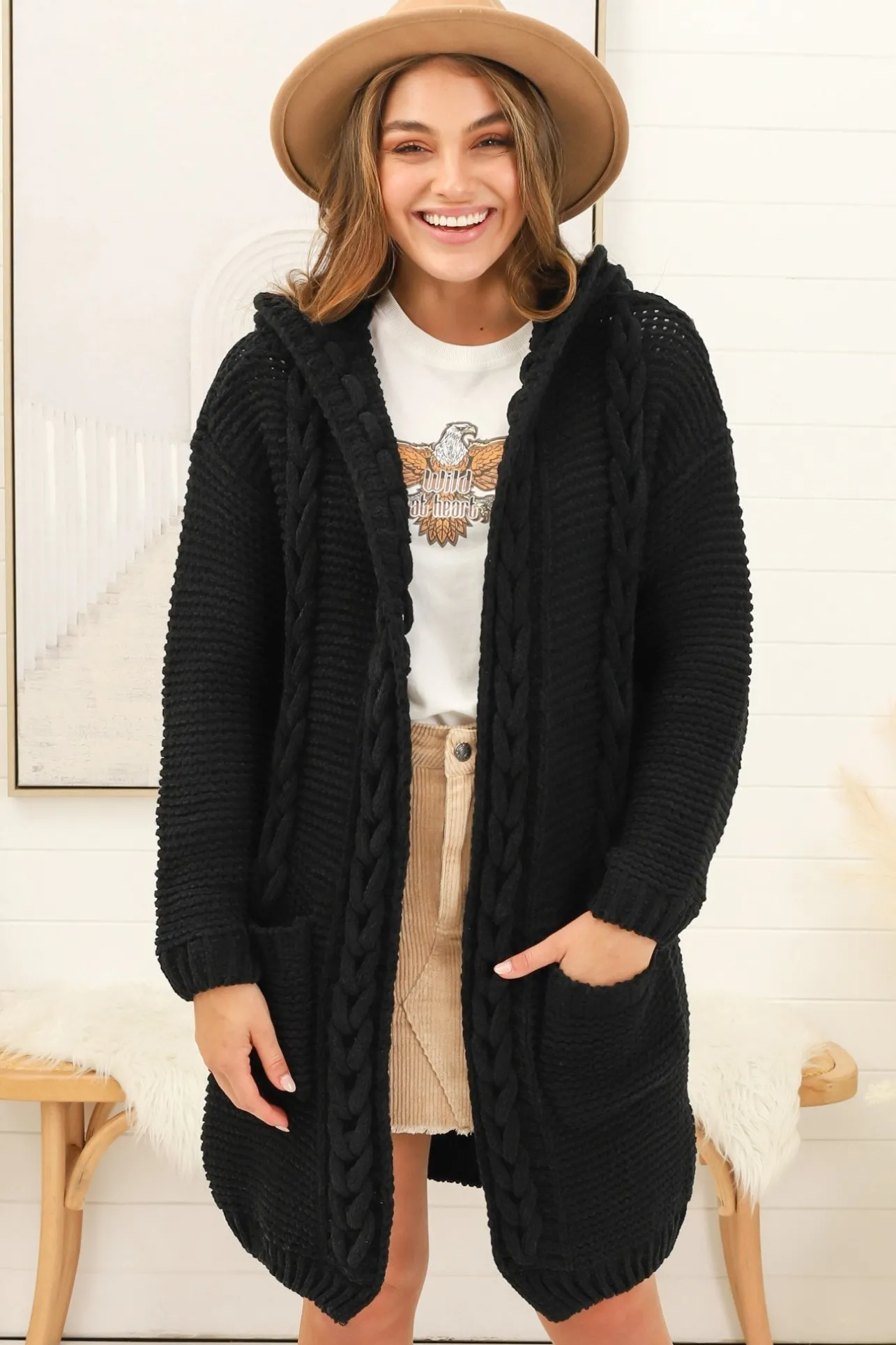 Toolara Cardigan - Thick Cable Knit Hooded Cardigan with Pocket in Black>Salty Crush Hot