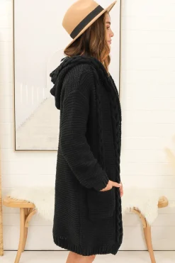 Toolara Cardigan - Thick Cable Knit Hooded Cardigan with Pocket in Black><noscript><img width=