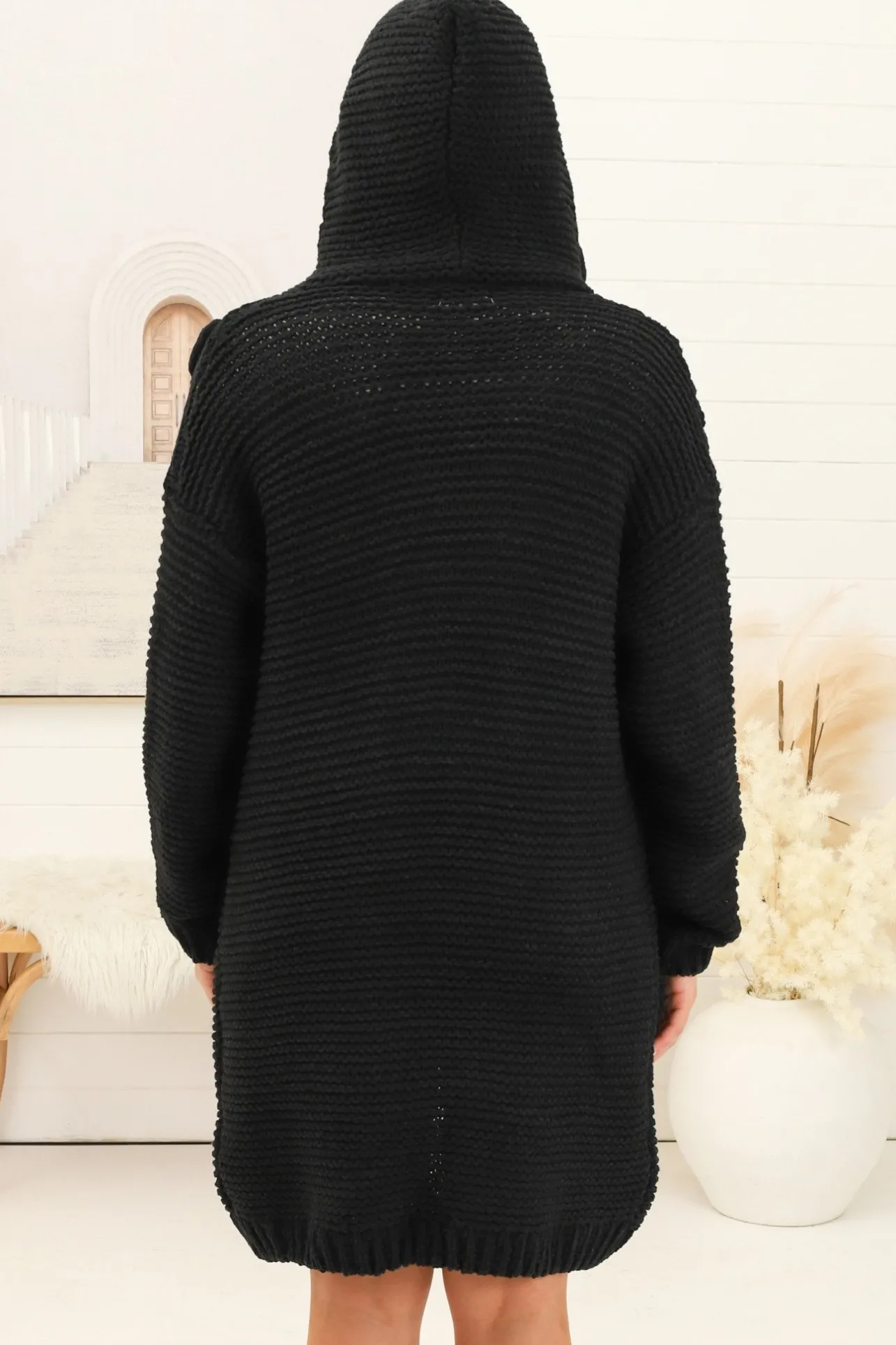 Toolara Cardigan - Thick Cable Knit Hooded Cardigan with Pocket in Black>Salty Crush Hot