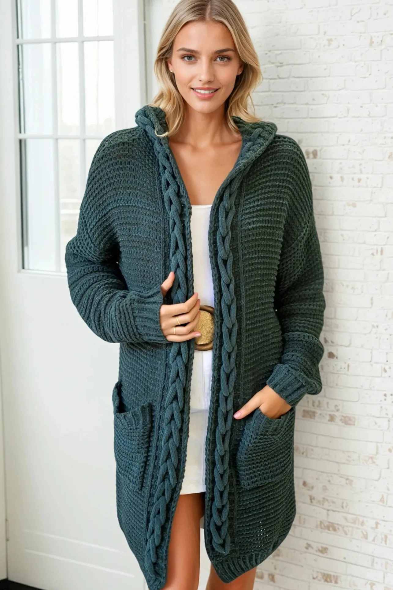 Toolara Cardigan - Thick Cable Knit Hooded Cardigan with Pocket in Military Green>Salty Crush Clearance