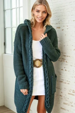 Toolara Cardigan - Thick Cable Knit Hooded Cardigan with Pocket in Military Green><noscript><img width=