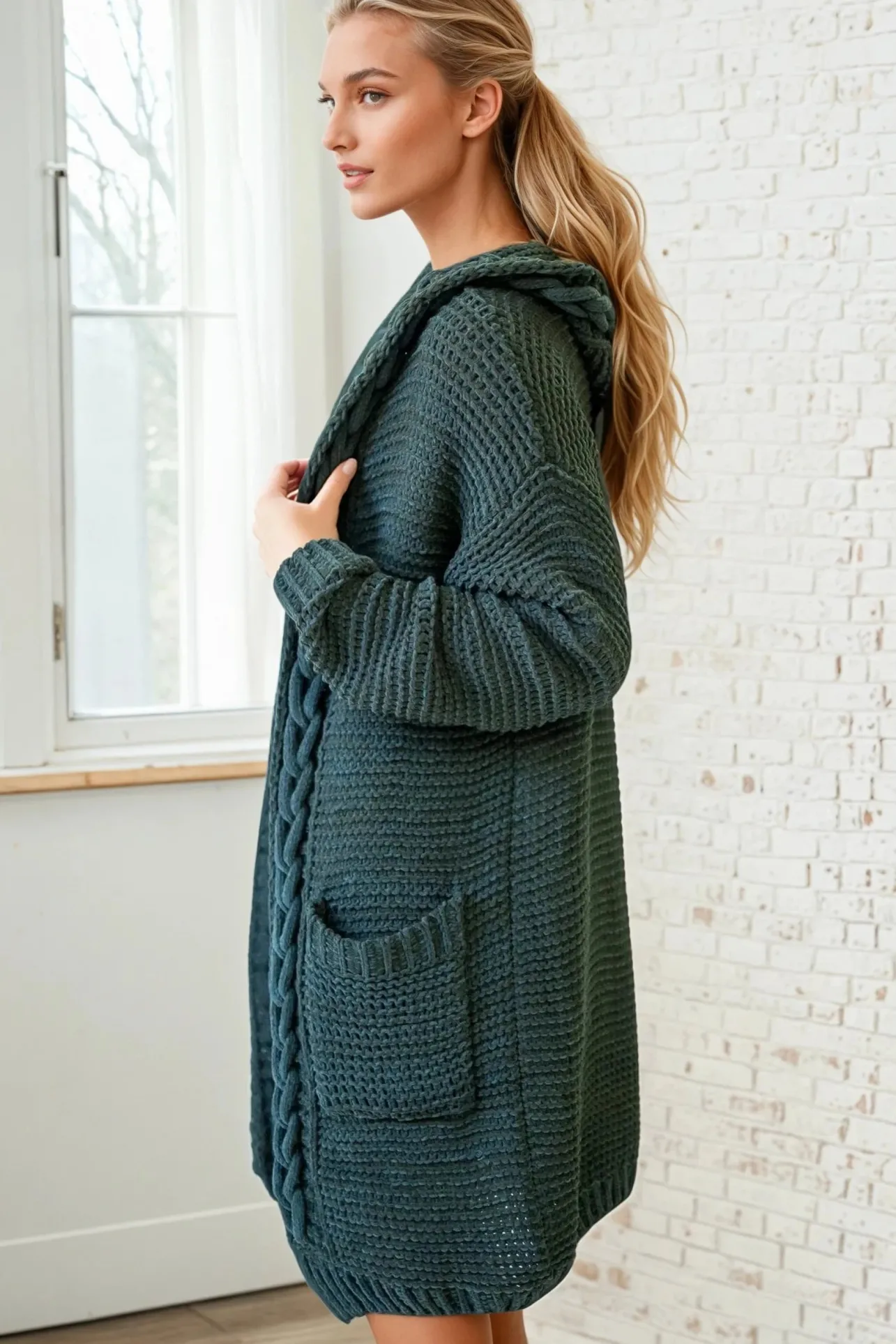 Toolara Cardigan - Thick Cable Knit Hooded Cardigan with Pocket in Military Green>Salty Crush Clearance