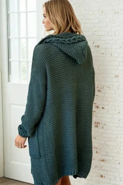 Toolara Cardigan - Thick Cable Knit Hooded Cardigan with Pocket in Military Green><noscript><img width=