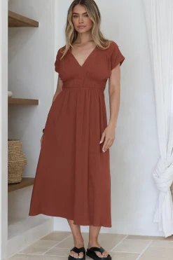 Torin Midi Dress - Gathered and Piping Detailed A-Line Dress with a V-Neckline in Rust>Salty Crush Hot