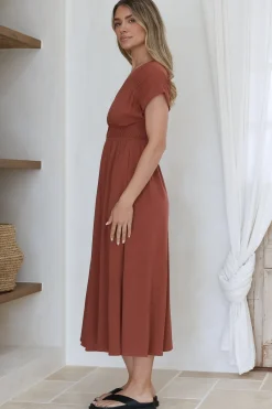 Torin Midi Dress - Gathered and Piping Detailed A-Line Dress with a V-Neckline in Rust><noscript><img width=