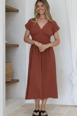 Torin Midi Dress - Gathered and Piping Detailed A-Line Dress with a V-Neckline in Rust><noscript><img width=