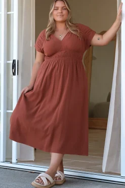 Torin Midi Dress - Gathered and Piping Detailed A-Line Dress with a V-Neckline in Rust><noscript><img width=