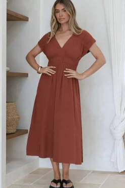 Torin Midi Dress - Gathered and Piping Detailed A-Line Dress with a V-Neckline in Rust><noscript><img width=