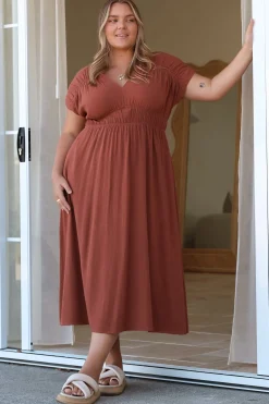 Torin Midi Dress - Gathered and Piping Detailed A-Line Dress with a V-Neckline in Rust><noscript><img width=