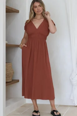 Torin Midi Dress - Gathered and Piping Detailed A-Line Dress with a V-Neckline in Rust><noscript><img width=