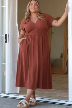 Torin Midi Dress - Gathered and Piping Detailed A-Line Dress with a V-Neckline in Rust><noscript><img width=