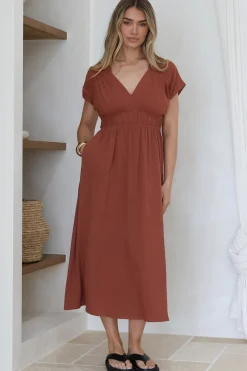 Torin Midi Dress - Gathered and Piping Detailed A-Line Dress with a V-Neckline in Rust><noscript><img width=